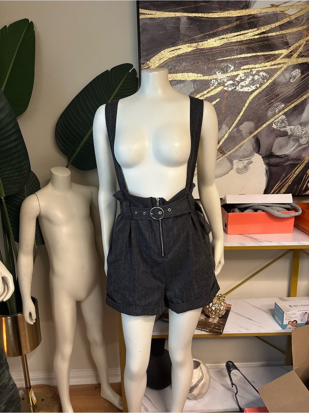 Style Rack Black Denim Suspender Shorts with Belt